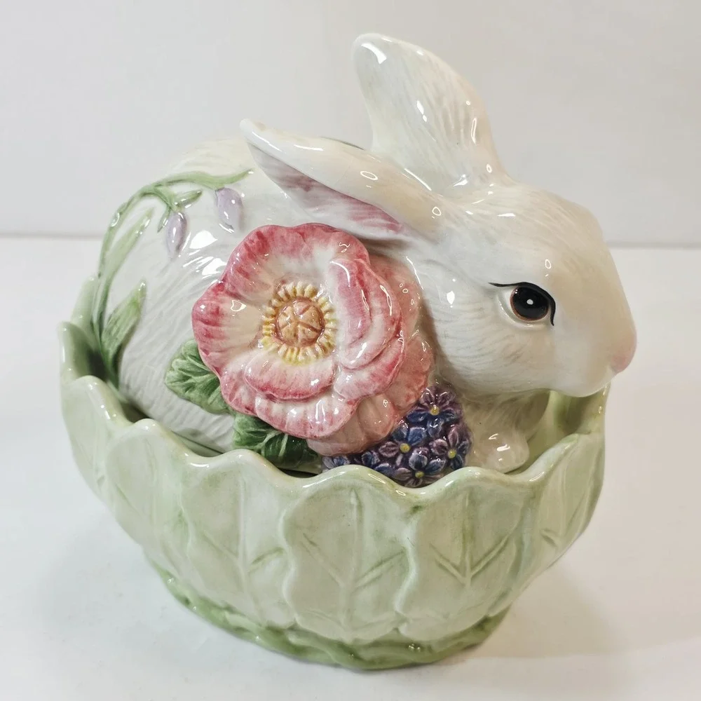 FITZ & FLOYD Classics Fauna & Flora Rabbit Covered Lidded Candy Dish Bowl